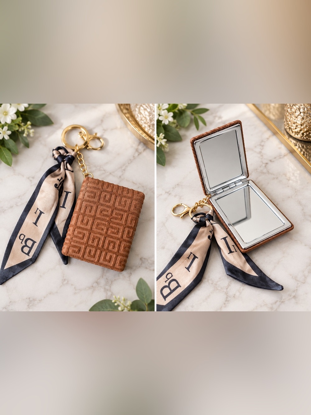 Textured Brown Compact Mirror Keychain with Scarf Accent